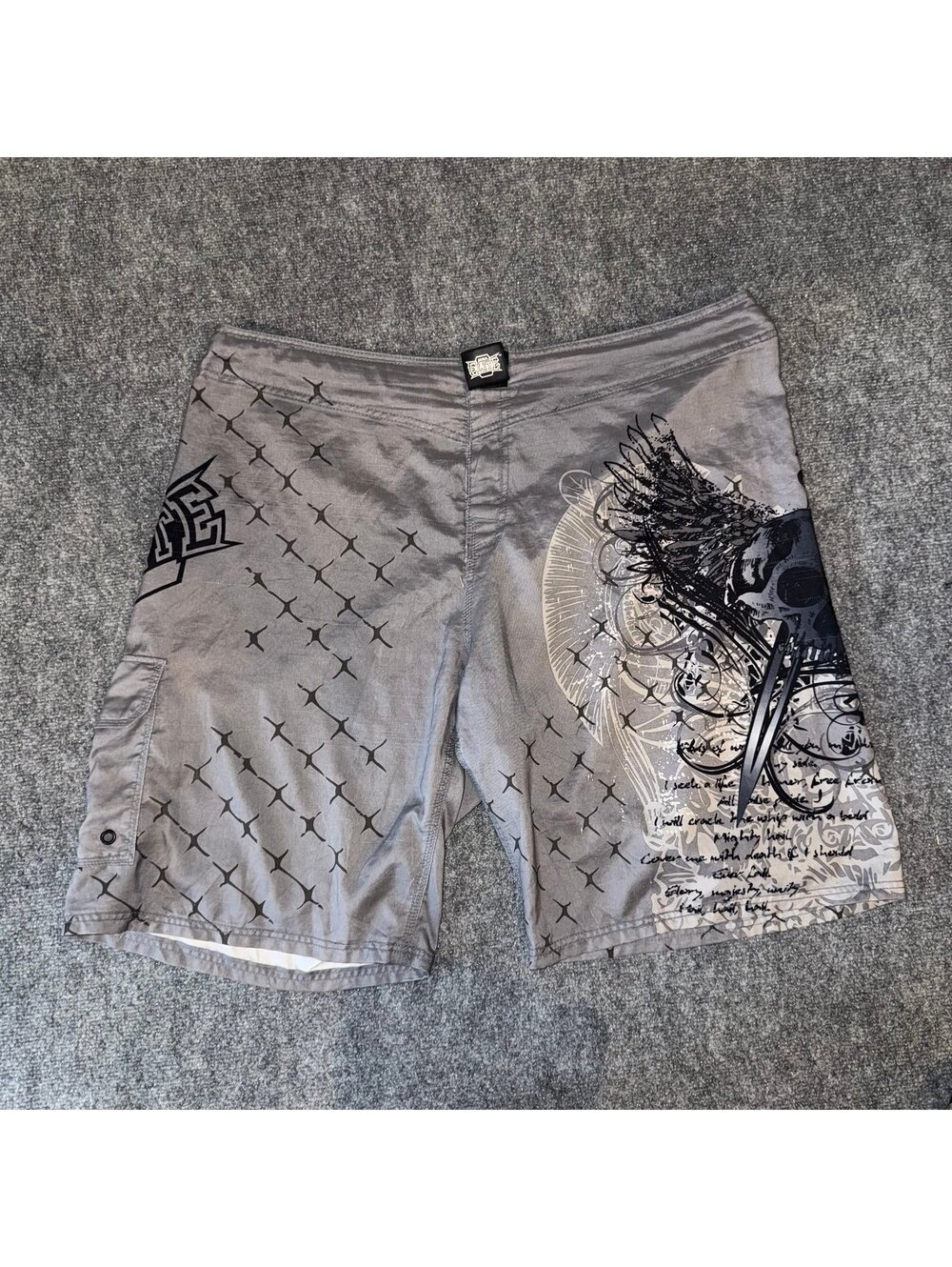 MMA Elite Grail Gray Grunge Baggy Surf Board Shorts Mens 2XL Vtg y2k 90s Rare